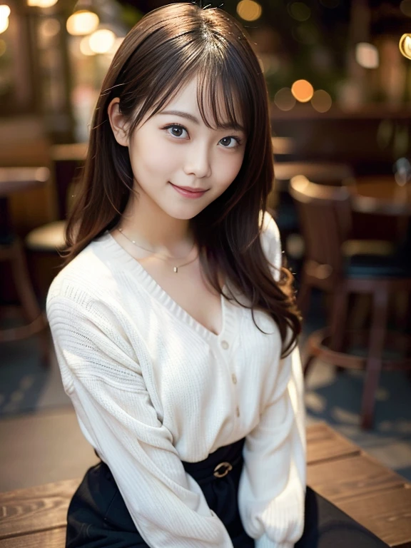 in 8K,Best Quality:1.4, 超A high resolution:1.5, (Photorealistic:1.4),masterpiece:1.2,(top-quality:1.4)、 Raw photo、Japan girls in casual clothes、looking at the viewers、Pose with a smile、hight resolution、ighly detailed、Movie Lighting、Hi-Res、The ultra-detailliert、natural skin textures:1.3, realistic eyes and face details:1.7、Two Japan Women 、nogizaka, cute face、35 year old:1.5、Textured skin:1.2, beautiful smiling face, Detailed Cafe、 sitting on、Dating、(Shy smile:1.2)、Medium chest、beautiful finely detailed eyes、(Sweaters:1.1)、natta、from waist up:1.2