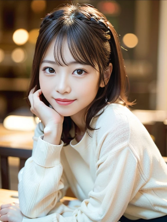 in 8K,Best Quality:1.4, 超A high resolution:1.5, (Photorealistic:1.4),masterpiece:1.2,(top-quality:1.4)、 Raw photo、Japan girls in casual clothes、looking at the viewers、Pose with a smile、hight resolution、ighly detailed、Movie Lighting、Hi-Res、The ultra-detailliert、natural skin textures:1.3, realistic eyes and face details:1.7、Two Japan Women 、nogizaka, cute face、35 year old:1.5、Textured skin:1.2, beautiful smiling face, Detailed Cafe、 sitting on、Dating、(Shy smile:1.2)、Medium chest、beautiful finely detailed eyes、(Sweaters:1.1)、natta、from waist up:1.2