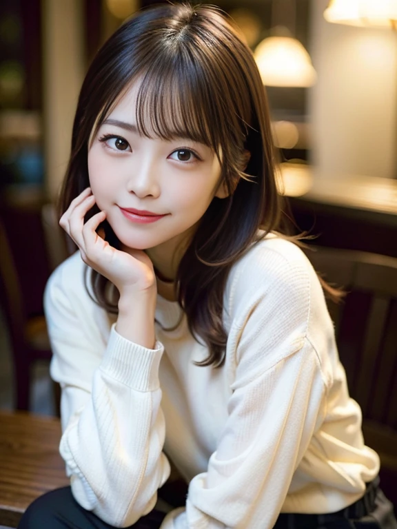 in 8K,Best Quality:1.4, 超A high resolution:1.5, (Photorealistic:1.4),​masterpiece:1.2,(top-quality:1.4)、 Raw photo、Japan girls in casual clothes、looking at the viewers、Pose with a smile、hight resolution、ighly detailed、Movie Lighting、Hi-Res、The ultra-detailliert、natural skin textures:1.3, realistic eyes and face details:1.7、Two Japan Women 、nogizaka, cute  face、35 year old:1.5、Textured skin:1.2, beautiful smiling face,  Detailed Cafe、 sitting on、Dating、(Shy smile:1.2)、Medium chest、beautiful finely detailed eyes、(Sweaters:1.1)、natta、from waist up:1.2