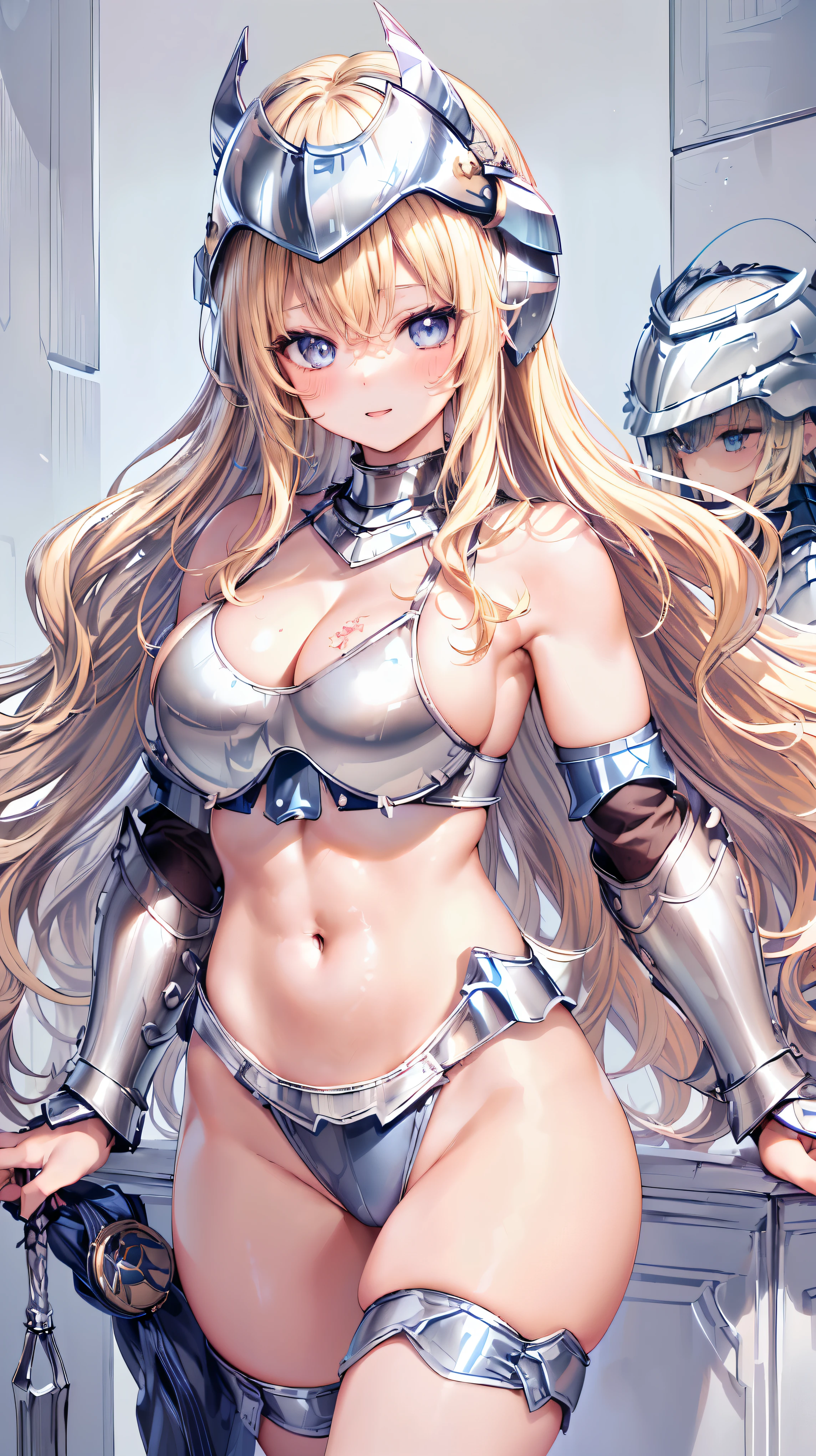 Very detailed、highest quality、Best image quality、masterpiece、8k、Anime Face、A kind smile、Open your mouth、Sparkling blue eyes、(Blonde wavy hair:1.5)、、Muscles of the whole body、camisole、Thigh belt、mini skirt、(Wearing silver bikini armor:1.5)、(Cowboy Shot:1.5)、(Leg armor:1.5)、(Wearing a helmet:1.5)