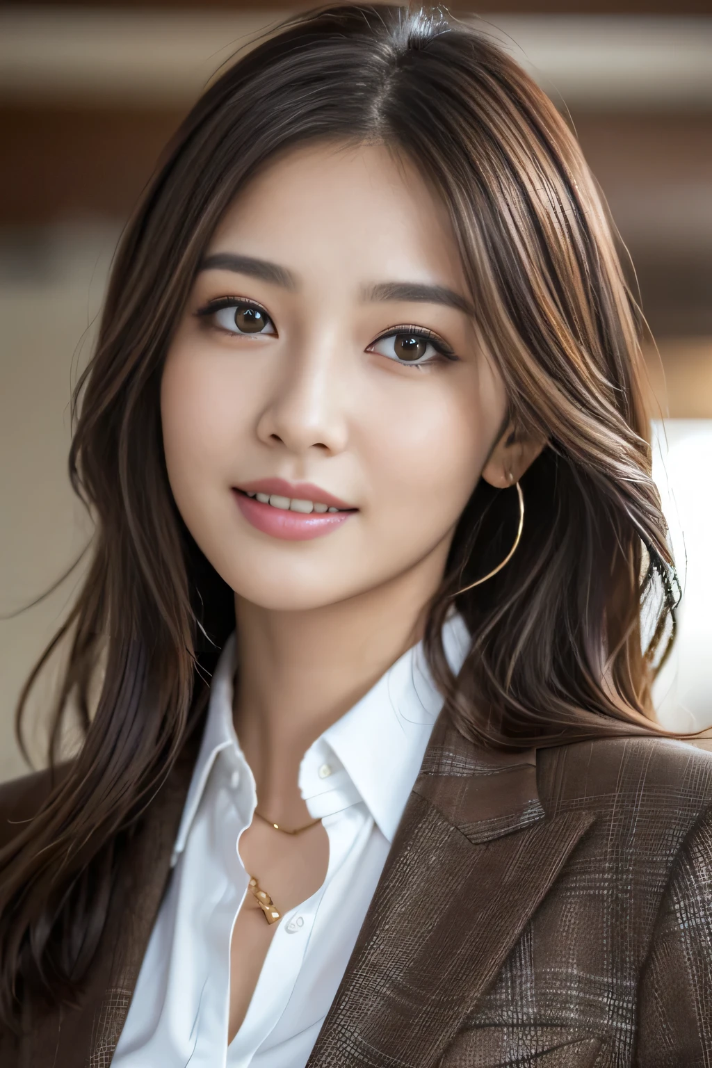 Tabletop, highest quality, Realistic, Very detailed, finely, High resolution, 8k wallpaper, One beautiful woman,, Light brown messy hair, Wear a business suit, Sharp focus, Perfect dynamic composition, Beautiful and detailed, Thinning hair, Detailed Realistic skin texture, smile, Close-up portrait, Model Body Type