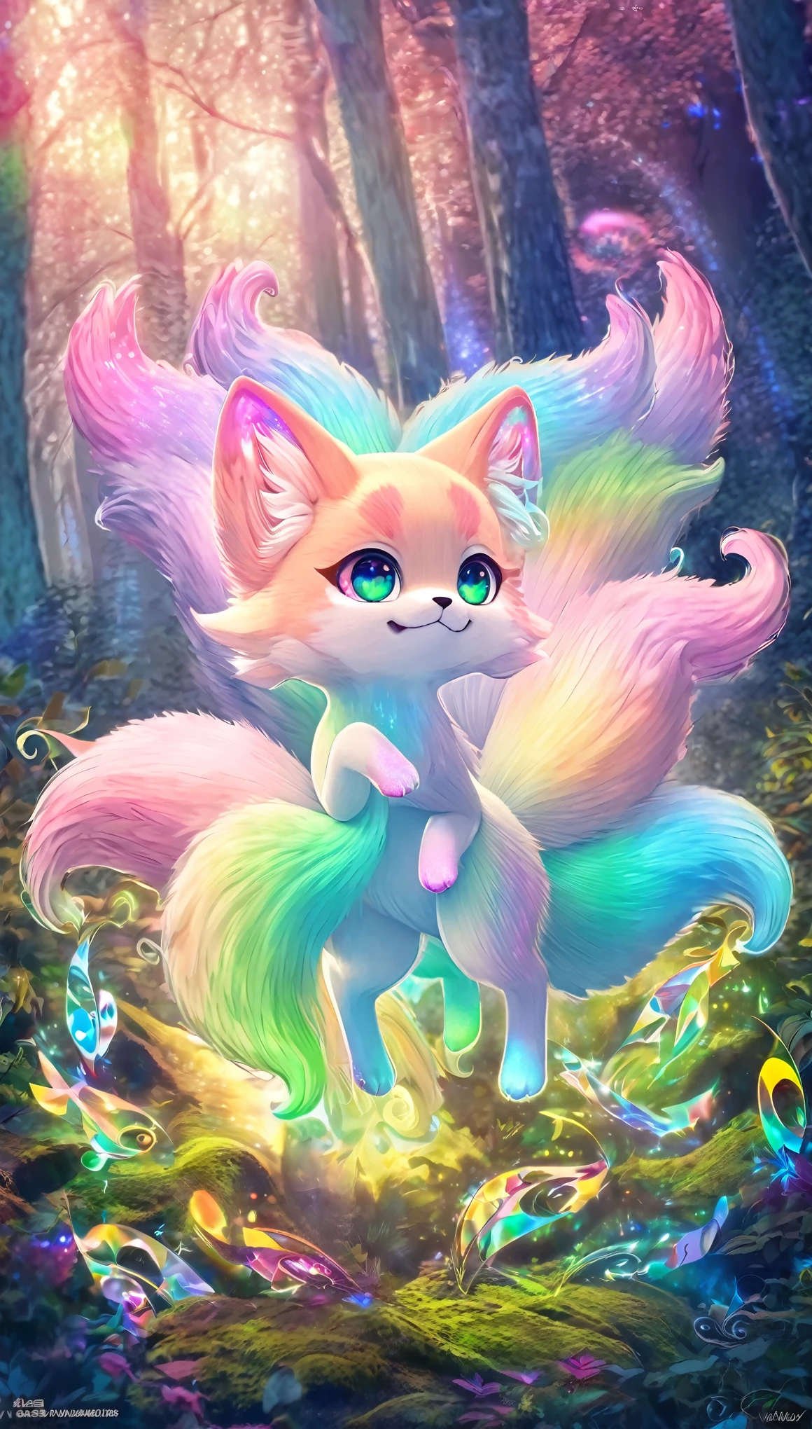 super deformed, furry, funny, best quality, super fine, 16k, fluffy green cute one fox with many tails, spirit beast, cute expression, cute gestures, cute pose, lots of energy, in the forest, fantasy world image, fantastic and mysterious, variety of visual styles that combine various artistic elements like a sparkling iridescent pastel and vivid colors