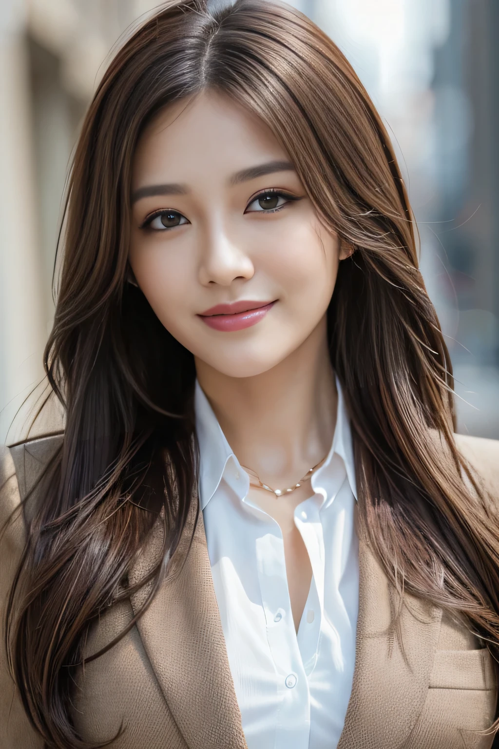 Tabletop, highest quality, Realistic, Very detailed, finely, High resolution, 8k wallpaper, One beautiful woman,, Light brown messy hair, Wear a business suit, Sharp focus, Perfect dynamic composition, Beautiful and detailed, Thinning hair, Detailed Realistic skin texture, smile, Close-up portrait, Model Body Type