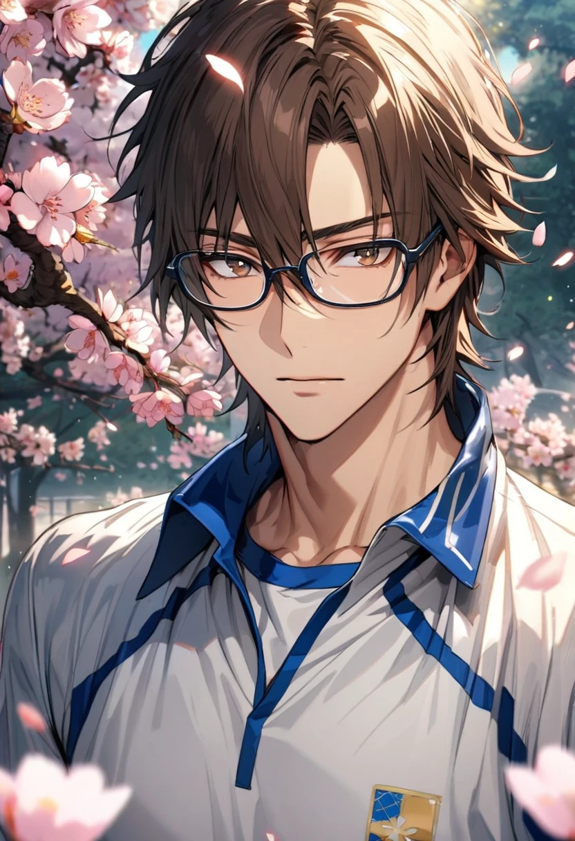 Ultra detailed, Highres, absurdres, HDR, Tezuka Kunimitsu, dark brown hair with bangs, hair between the eyes, expressive brown eyes, glasses, white tennis uniform with blue patterns, Prince Of Tennis, cherry blossoms, petals, extremely handsome, sexy man, solo, very detailed eyes and face, spring, butterflies, blossoms, white tight T-shirt