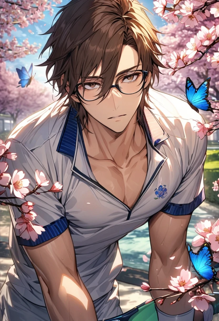 Ultra detailed, Highres, absurdres, HDR, Tezuka Kunimitsu, dark brown hair with bangs, hair between the eyes, expressive brown eyes, glasses, white tennis uniform with blue patterns, Prince Of Tennis, cherry blossoms, petals, extremely handsome, sexy man, solo, very detailed eyes and face, spring, butterflies, blossoms, white tight T-shirt