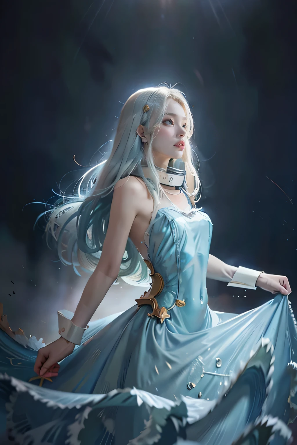 (masterpiece, top quality, best quality,1girl, long hair, (glowing:1.15), (team:1.1), (monarch:1.05),Long coat,surrounded by huge Chinese dragons,dragon open mouse,1girl,solo,light_blue_hair,liquid hair, long hair,floating hair, standing,sundress, liquid clothes, water,waves, tsunami,tide,sea,water dress, negative space,, 