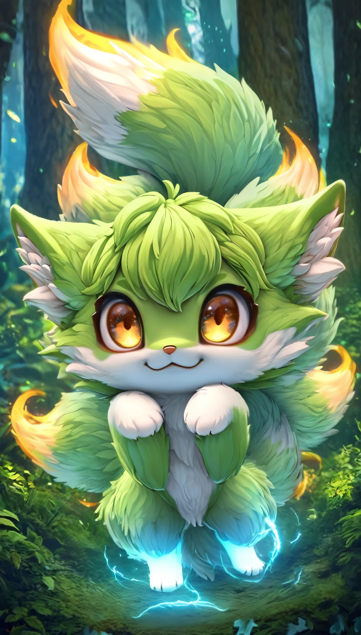 super deformed, furry, funny, best quality, super fine, 16k, fluffy green cute one fox with many tails, spirit beast, cute expression, cute gestures, cute pose, lots of energy, in the forest, fantasy world image, fantastic and mysterious, variety of visual styles that combine various artistic elements