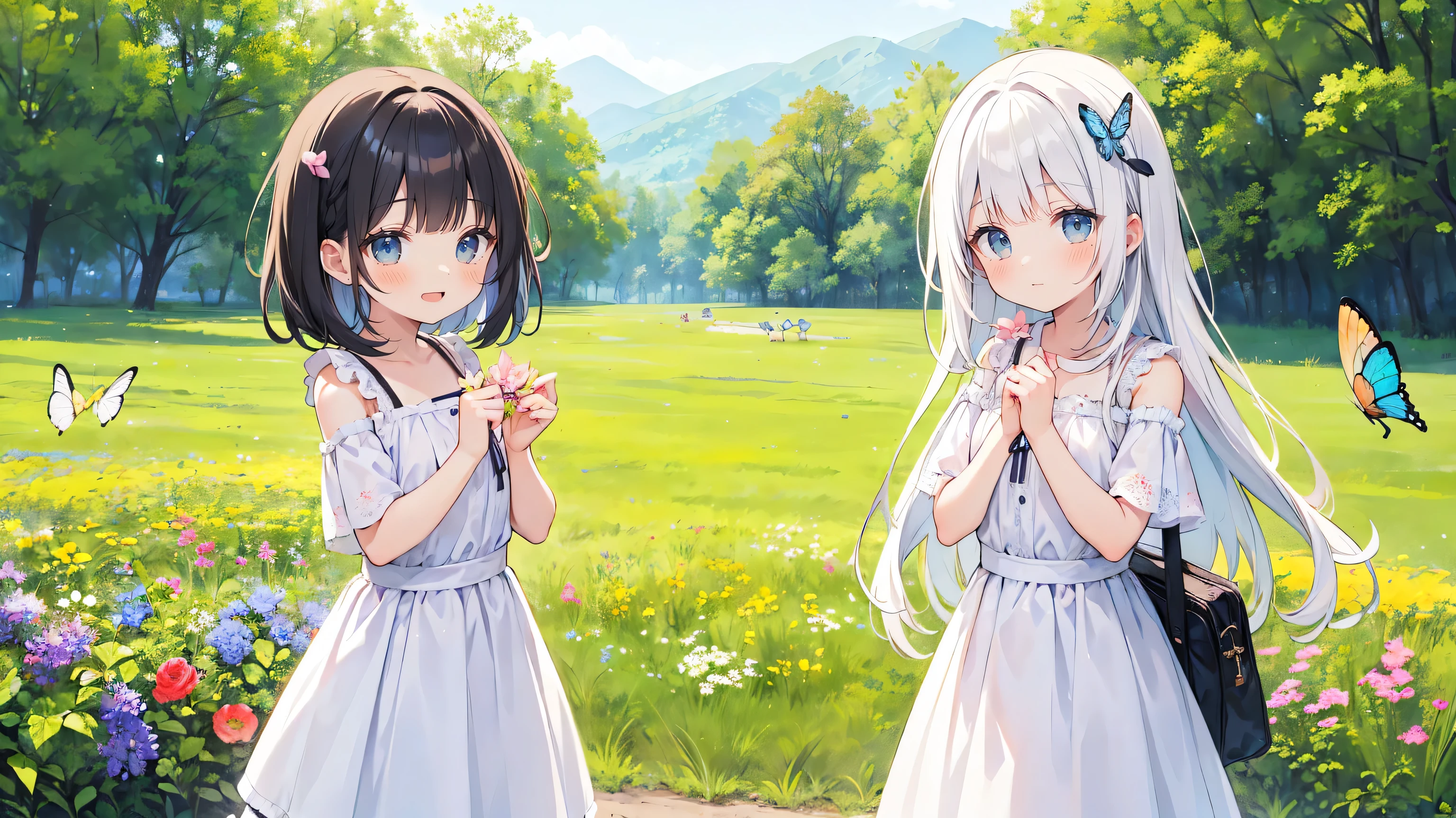 Two pure and innocent girls,(10 years old)、(2 people)、Cute face、Beautiful Eyes、Odd Eye、Natural Beauty、Warm sunshine、Wildflowers swaying in the wind々Surrounded by、Enjoying time in the fields。Butterflies and birds flutter around her、Creates a playful atmosphere、fun、smile、