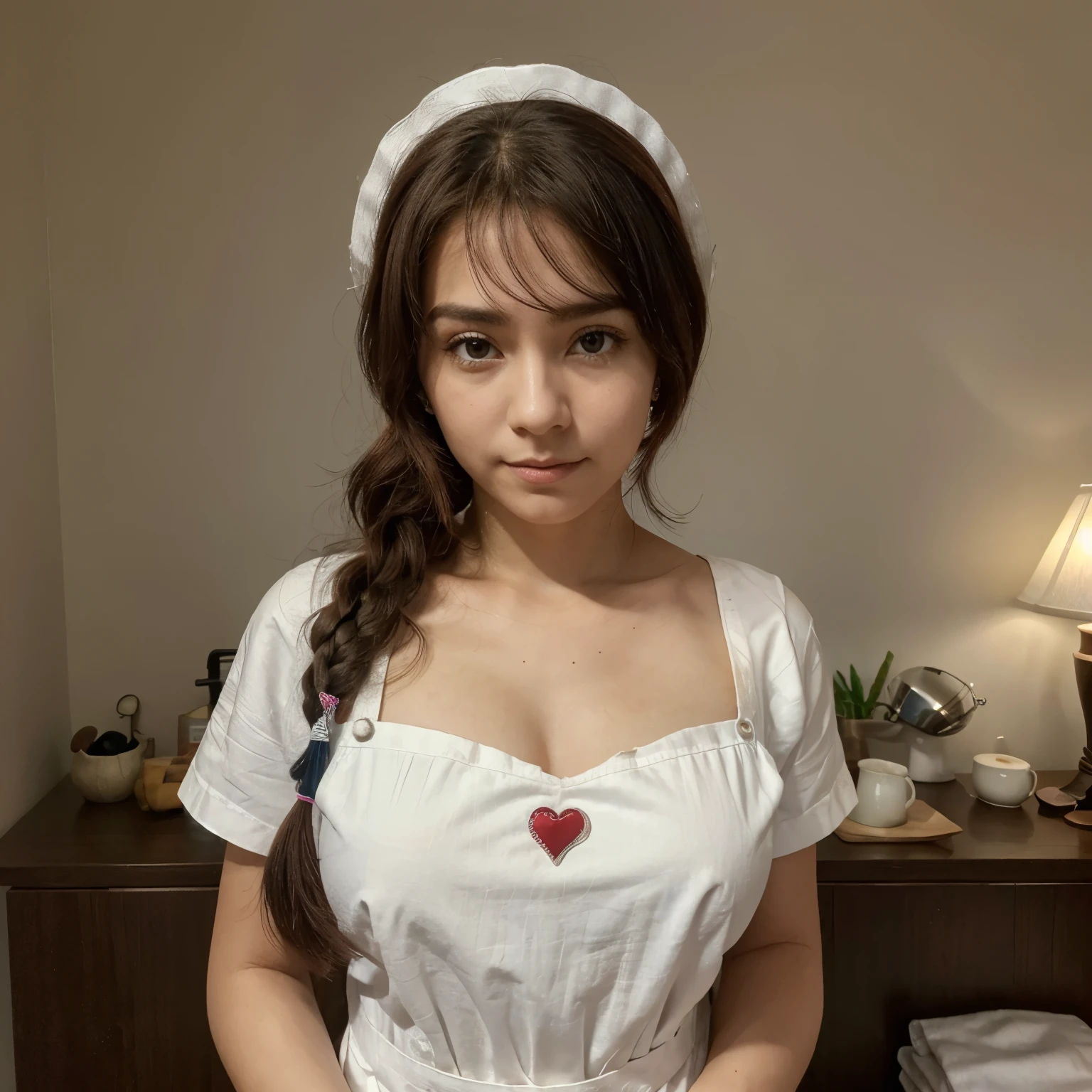 1 garota, apron, arco, enfeite de cabelo cubo, vestir, babados, melancolia (expression), hair ornament, Heart, Heart hands, Cabelo longo, desviando o olhar, housekeeper, housekeeper apron, housekeeper headvestir, Mary Janes, um lado para cima, cabelo rosa, rosto sombreado, sapato, short vestir, Sozinho, Pingo de suor, Coxas, white Coxas, zetai ryouiki, 