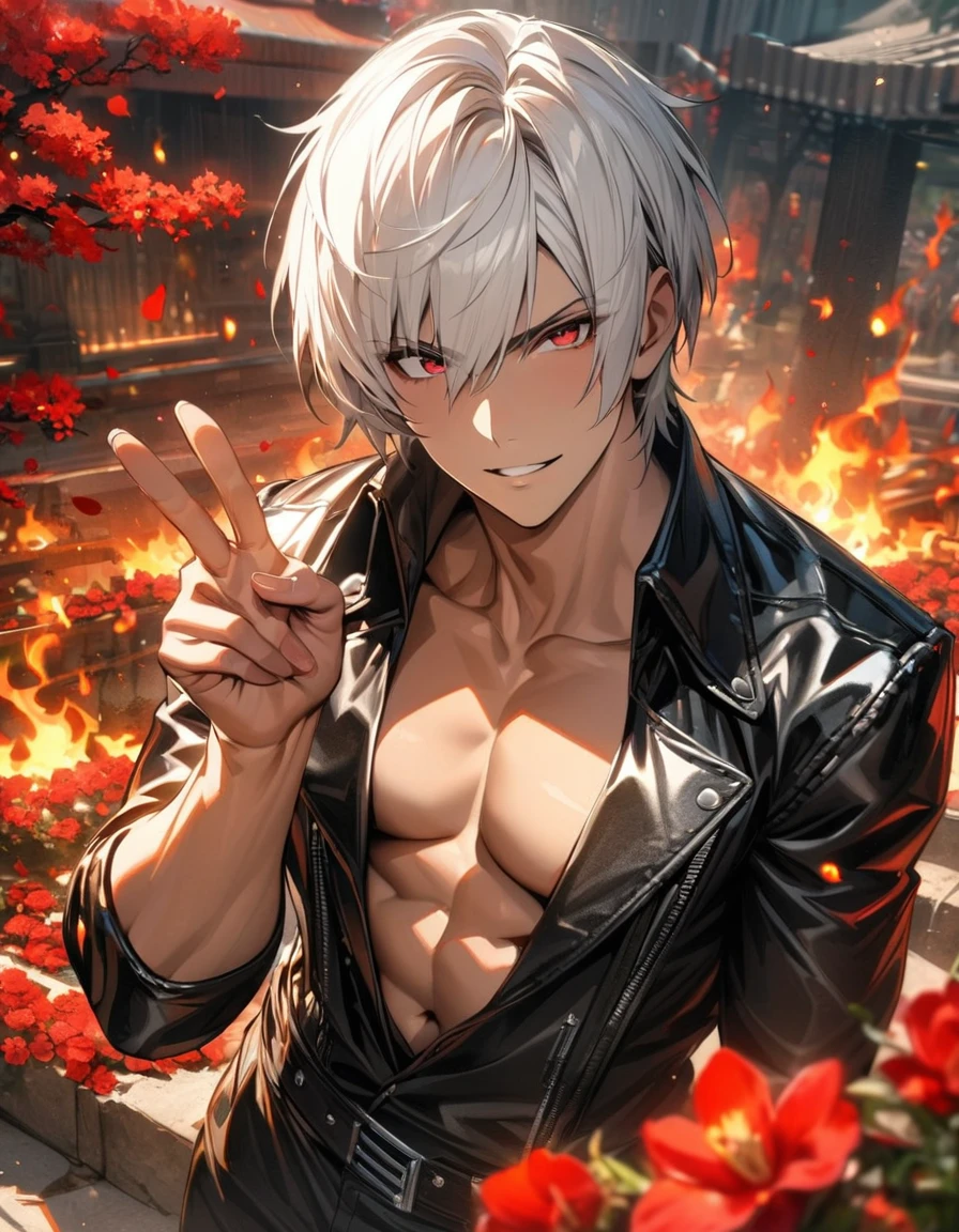 absurdres, highres, ultra detailed, HDR, master piece, best quality, K, white hair, with bangs, short hair, expressive red eyes, The King Of Fighters, solo, sexy man, handsome, black leather clothes, tanned skin, flames, red flowers, red blossoms, spring
