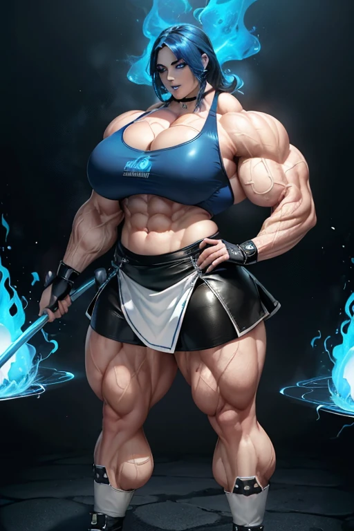 ((((Massive, beautiful, buff, pale white skinned, muscular woman with royal blue hair, black lipstick, glowing white eyes, ginormous bulky muscles, and wearing a black leather sports bra with loose skirt)))), close view, massive muscles, massive biceps, hyper muscle triceps, (long curly wavy hair), white eyes, (studded wristband), (loose skirt), high heels boots, (in a sea of blue flames), surrounded by blue fire, night, smirk, hyper muscles arms, hyper muscle legs, massive arms.