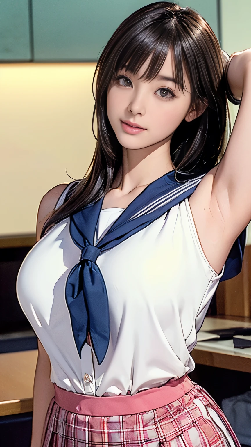 Highly detailed CG Unity 8k wallpaper, Very delicate and beautiful, Shockingly, Finely, official art, absurd, incredibly absurd, Ultra Detailed,The light shines on your face,Looking at the audience, (perfect woman image), Slimウエスト, Full Body Esbian, permanent, ((Sailor Suit, Plaid skirt, Collared shirt, abdomen, Open your clothes, sleeveless tops)), bare arm, Bangs, (best quality, 4K, On the table: 1.3), Beautiful Japanese Araphi woman、15age、Surreal, 1 girl,The face is rich in detail,Lip detail, Beautiful eyes,double eyelids, (Beautiful and delicate lips),Sexy face、Light brown hair、Medium Length Hair、(Seductive figure: 1.2), (Thin waist:1.1)、Flowing hair、((Solitary))、 Half-smile, Color Background, Looking at the audience,big breasts Thin waist,Movie Lighting, ((15ageの女の子, Slim, Thin waist, Thin thighs, Thin arms)), ((Raise your arms, Expose your armpits))