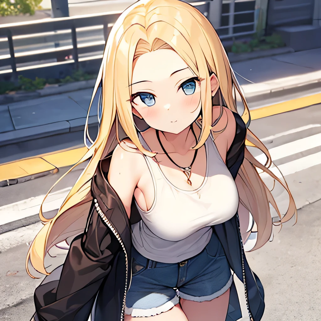 masterpiece、highest quality,Very detailed, Absurd beauty、(1 beautiful girl、Long Hair、blonde、Ample breasts)、Show me your forehead、7:3 parting、Keep your head small、Casual clothing、Summer clothes、Tank top、Shorts、Hooded jacket、Jacket is open