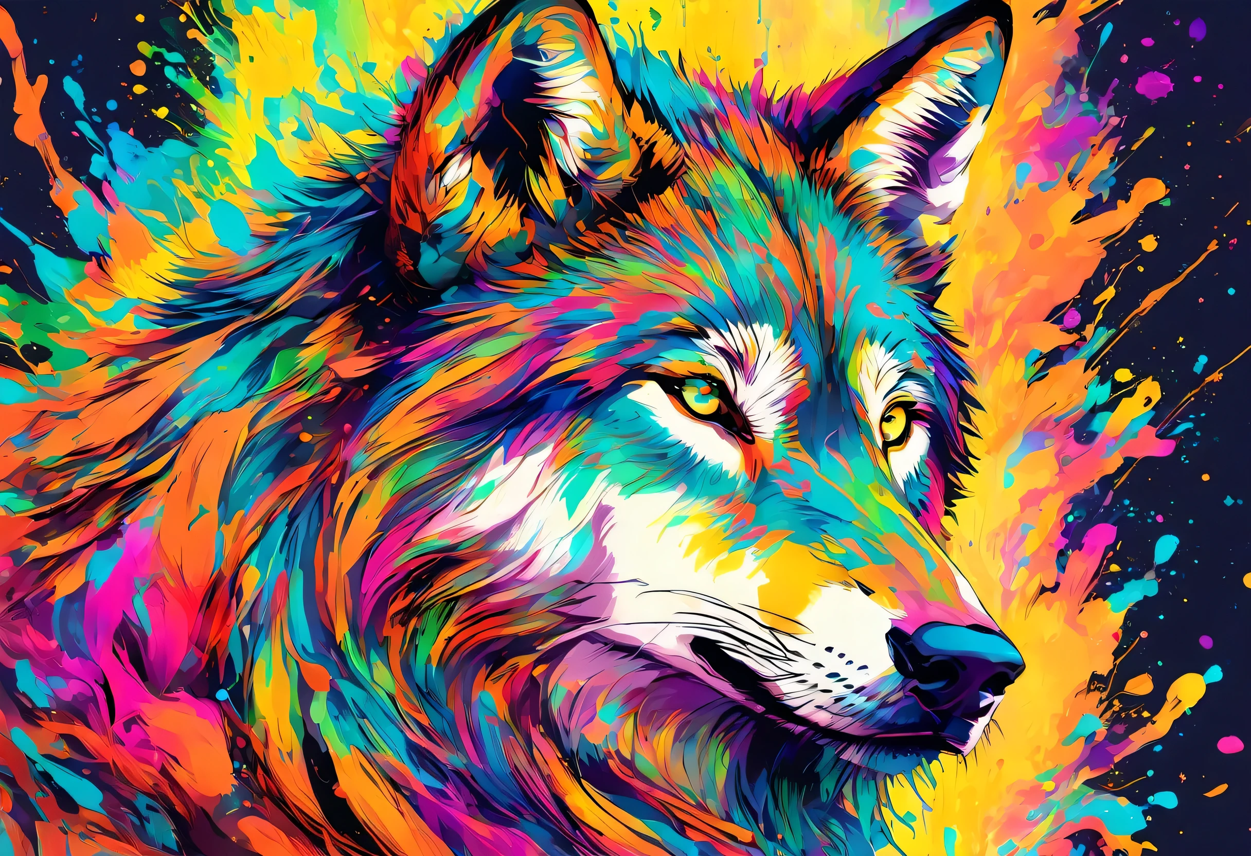 A Wolf with colorful paint on its whole body and leaves, vector art：Zahari Zograf, Trending on Pexels, psychedelic art, Rich in color and detail, A complex and colorful masterpiece, art：Alessandro Pautasso, very complex and colorful, colorful hd images, A colorful and intricate masterpiece, High quality HD digital art, great digital art, very colorful