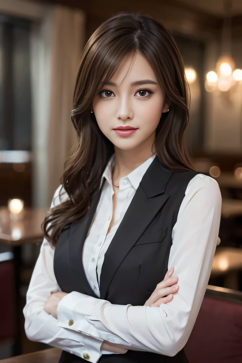 masterpiece, highest quality, Realistic, Very detailed, Finer details, High resolution, 8k wallpaper, One beautiful woman, Wear casual business attire, In a great restaurant, At night, Light brown messy hair, Perfect dynamic composition, Beautiful and beautiful eyes