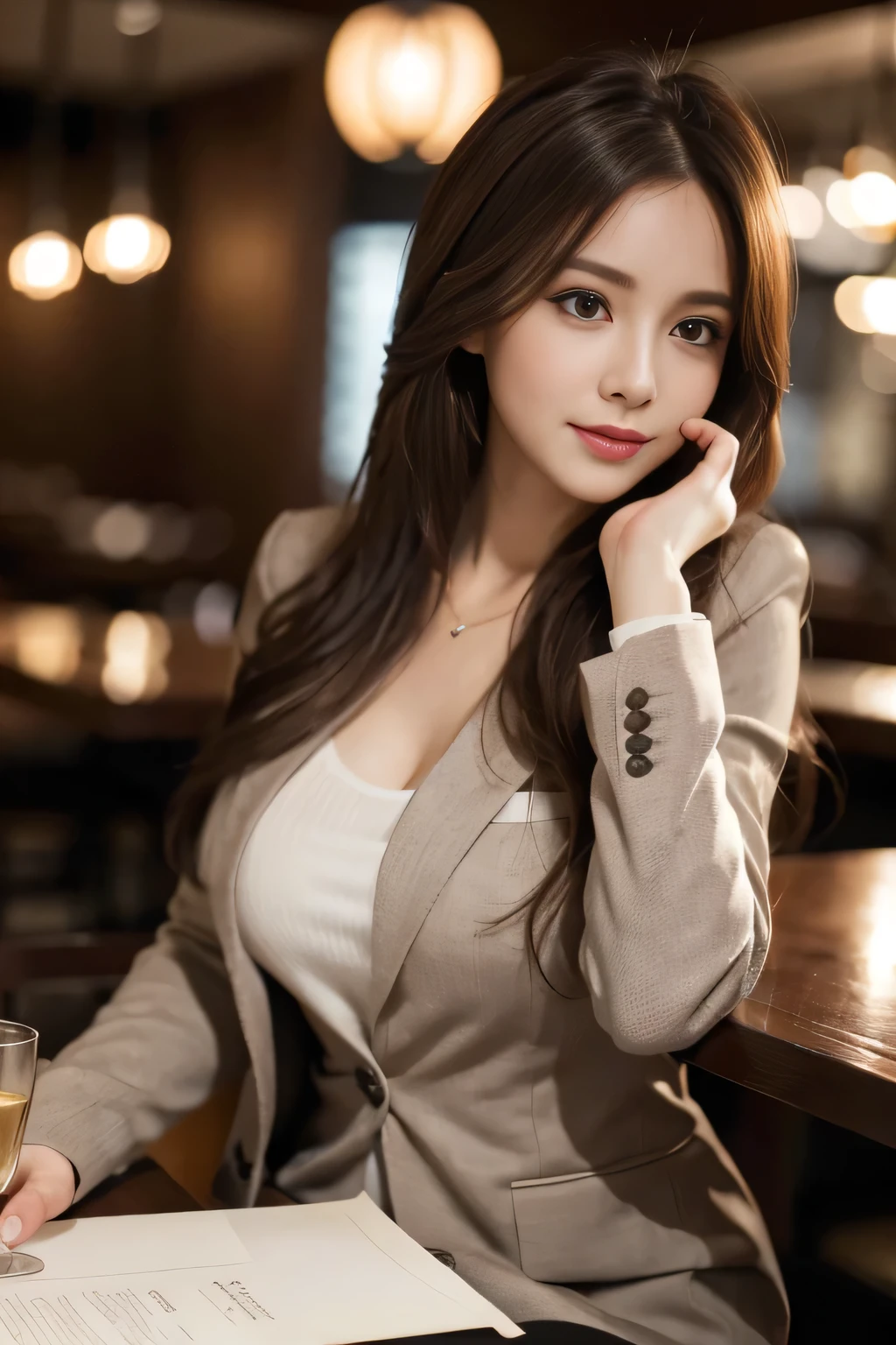 masterpiece, highest quality, Realistic, Very detailed, Finer details, High resolution, 8k wallpaper, One beautiful woman, Wear casual business attire, In a great restaurant, At night, Light brown messy hair, Perfect dynamic composition, Beautiful and beautiful eyes