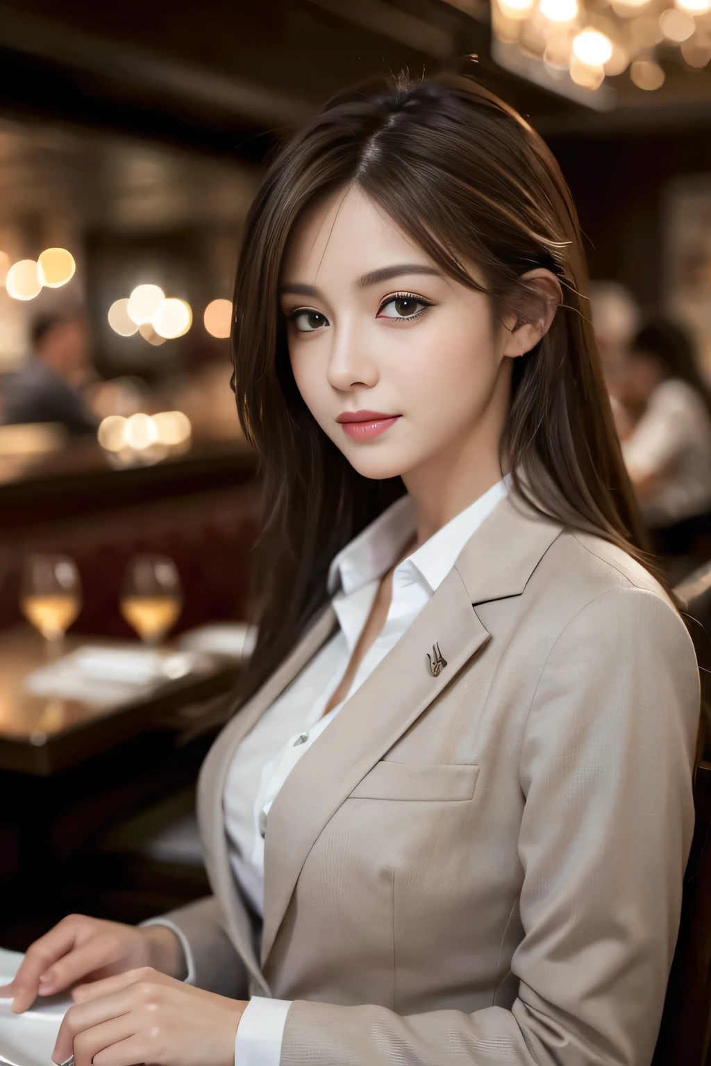 masterpiece, highest quality, Realistic, Very detailed, Finer details, High resolution, 8k wallpaper, One beautiful woman, Wear casual business attire, In a great restaurant, At night, Light brown messy hair, Perfect dynamic composition, Beautiful and beautiful eyes