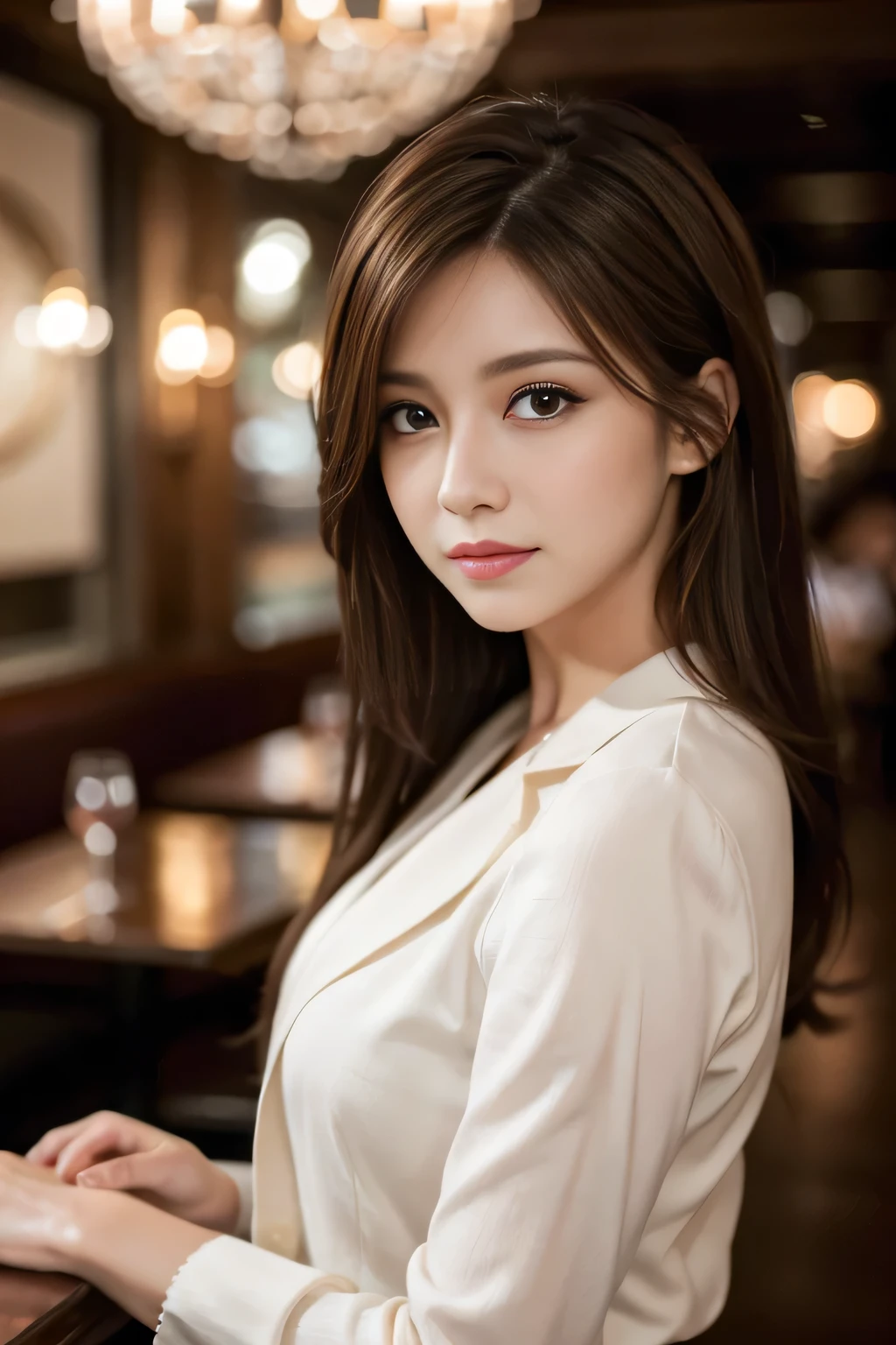 masterpiece, highest quality, Realistic, Very detailed, Finer details, High resolution, 8k wallpaper, One beautiful woman, Wear casual business attire, In a great restaurant, At night, Light brown messy hair, Perfect dynamic composition, Beautiful and beautiful eyes