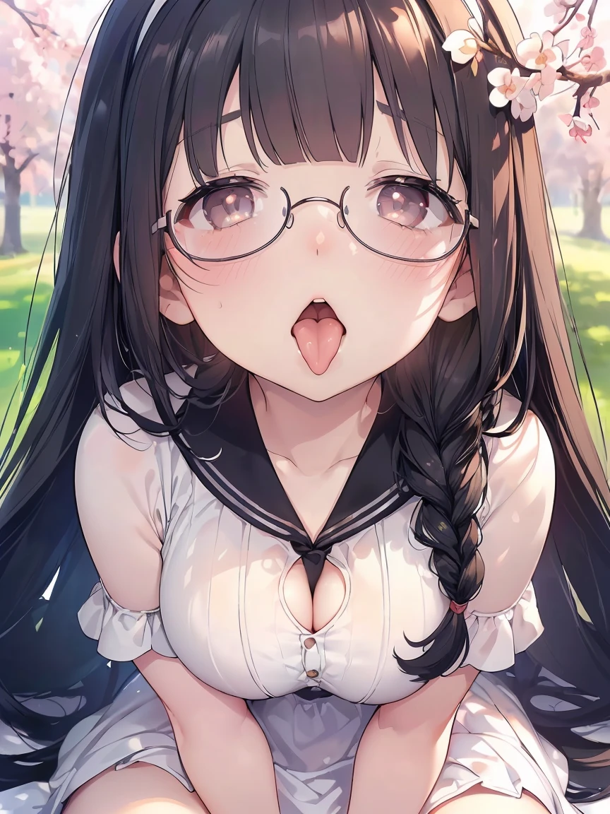 Very detailed, highest quality, High resolution, Moe Anime, ((Cute girl with black hair and droopy eyes)), ((Wearing large round glasses:1.4)), (Baby Face), Cute eyes, Detailed eye depiction, Sparkle in the eyes, View your viewers, Pale skin, (Big eyes:1.4, Droopy eyes:1.4, Fatty face:1.4), smile, Focus on the face, In the park with cherry blossoms falling, Sitting, (Face close-up:1.4), (((From above))), Open your mouth, (((Face only:1.3))), ((White Dress)), (Put your hands between your legs:1.4), ((large and long tongue)), (Extreme close up of tongue:1.2), Cleavage, Braided hairstyle