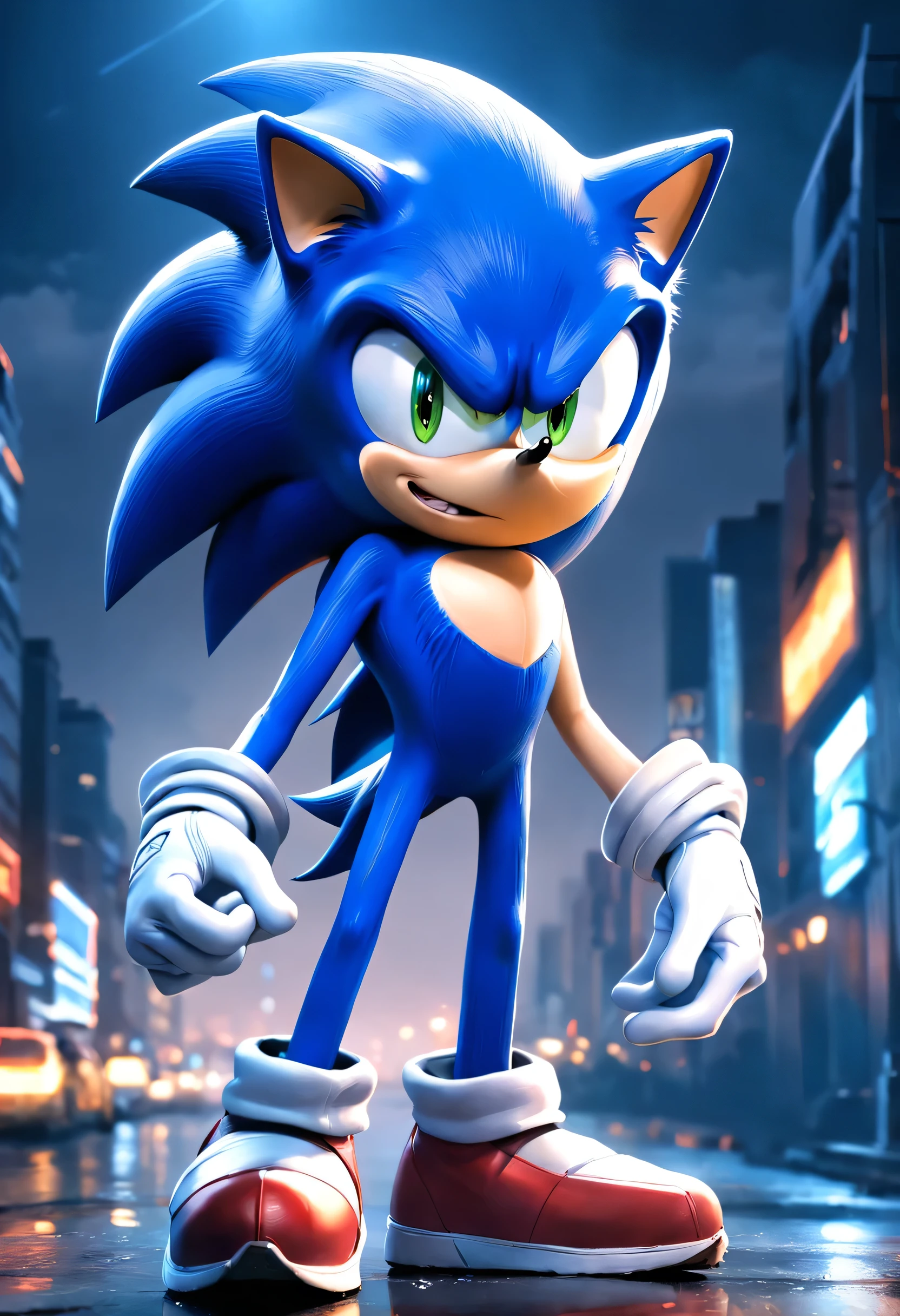 "uma detalhada, Hyper-realistic illustration of Sonic with mischievous expression on his face in a dynamic pose, efeitos raios azuis ao redor, night scenery, Dramatic lighting and hyper-realistic drawing style."