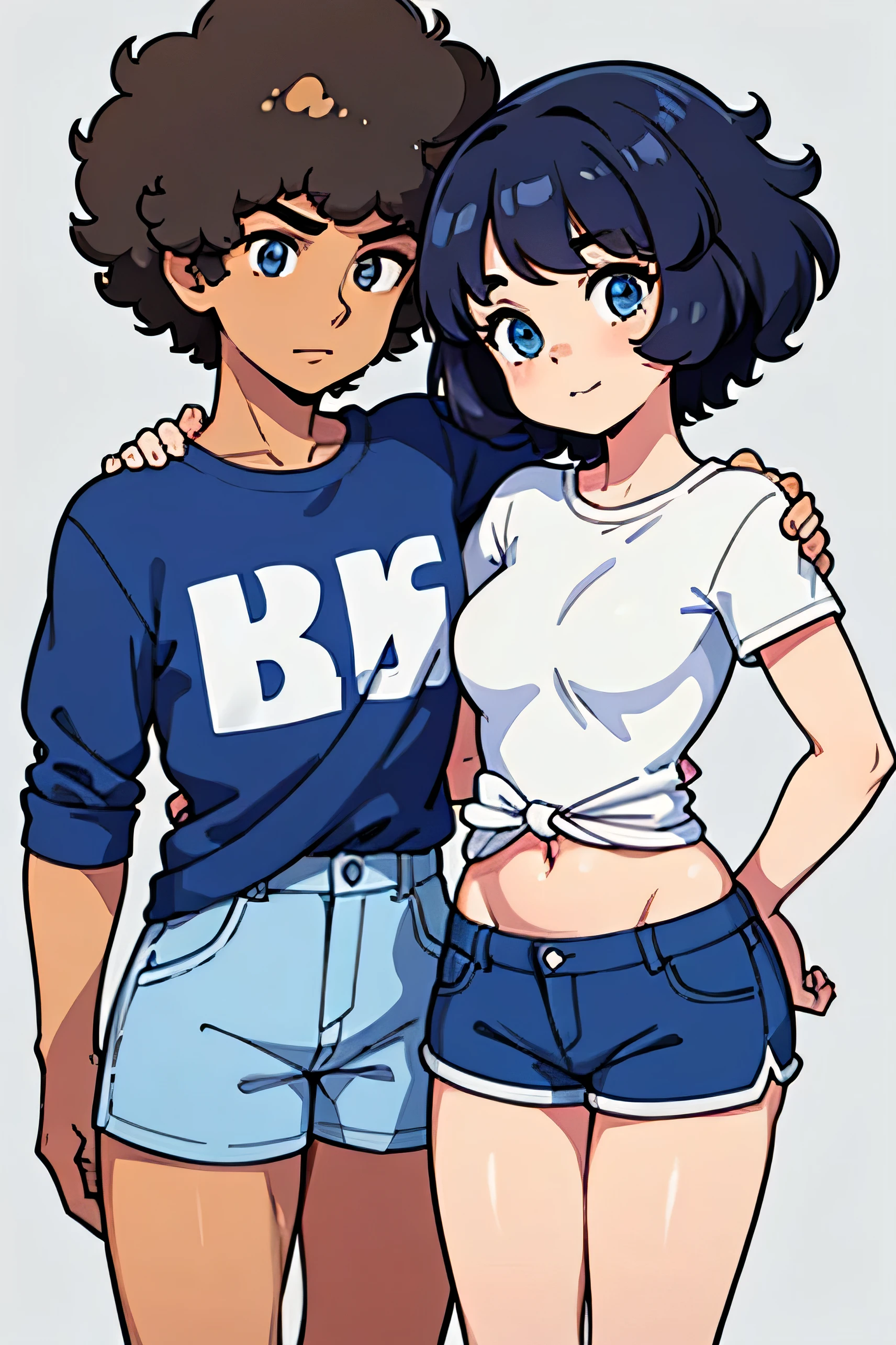 girl with short curly hair and white tshirt and blue shorts have arm around a boy with afro