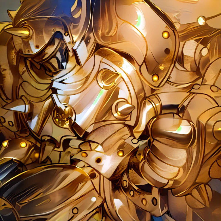 gilded shiny armour, golden armour, heavy golden armour, the golden humanoid robot, heavy gold armour, anime image of a giant robot with a huge smile on his face, solo