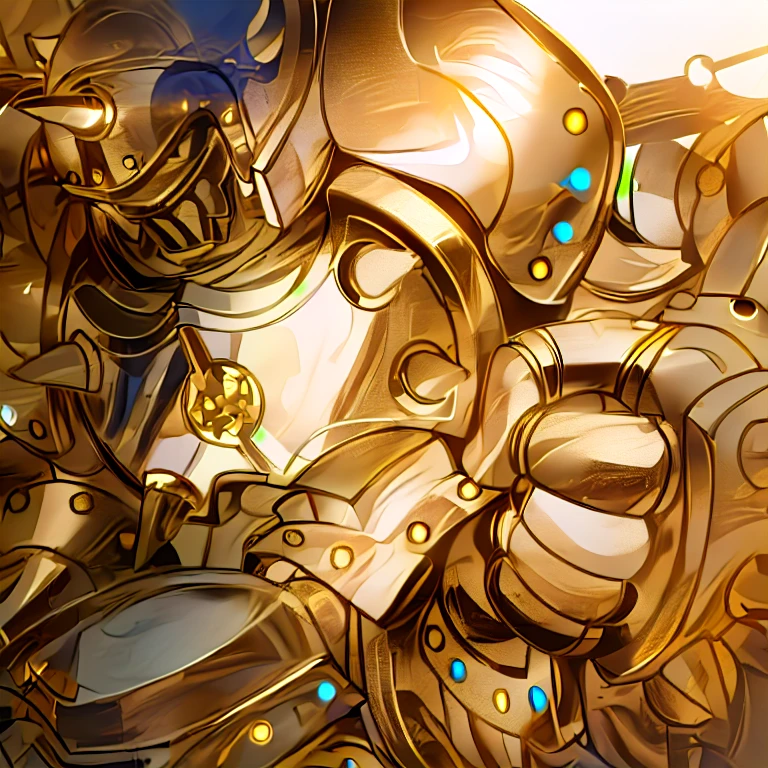 gilded shiny armour, golden armour, heavy golden armour, the golden humanoid robot, heavy gold armour, anime image of a giant robot with a huge smile on his face, solo