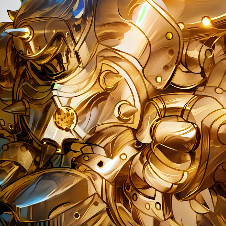 gilded shiny armour, golden armour, heavy golden armour, the golden humanoid robot, heavy gold armour, anime image of a giant robot with a huge smile on his face, solo