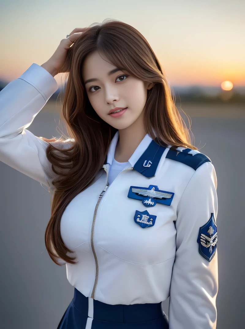 (highest quality, 8k, 32k, masterpiece, 超High resolution:1.2), (Realistic:1.5), (masterpiece, Highly detailed CG Unity 8k wallpaper, highest quality, High resolution:1.2), (Super detailed, 超High resolution:1.2), Photo of extremely cute and beautiful Japanese woman, (Long wavy chestnut hair:1.2), Adult, (Detailed beautiful girl:1.4), highest quality, woman, Adult, (Detailed US Air Force pilot uniform:1.5), (White pilot captain jacket:1.3), (White high waist pencil skirt:1.3), Detailed clothing, (Beautiful sunset、US Air Force Base runway scenery background:1.3), Laugh shyly:1, A light smile, View your viewers, Facing the audience, ((Perfect woman&#39;s body)), (Tight waist:1.2), (Upper body image:1.3), thin, Abdominal muscles, (Large breasts:1.25), ((Encircling the head)), Wind, Dynamic pose, Cinematic Light, Backlight, Perfect Anatomy, Perfect Proportions, Detailed human body, Stylish model posing,