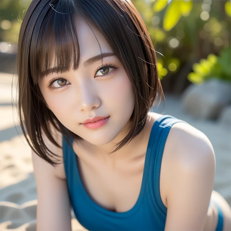(highest quality: 1.5)、(Realistic: 1.5)、(1 person: 1.5)、(Crawling posture)、(On all fours)、Prone、Seductive pose、Very detailed、High resolution、8k、masterpiece、Dynamic configuration、Small breasts、Detailed face、Natural color lips、Cute Smile、Japanese women、20-year-old girl、Beautiful and elegant face、Perfect and beautiful face、Beautiful, balanced eyes、Symmetrical eyes、Big eyes、Big Eyes、Beautiful and elegant face、double eyelid、Arched eyebrows、Thin eyebrows、Natural Bangs、Beautiful and thin nose、Beautiful Skin、Fair skin、Medium Bob Hair、Natural Bangs、Perfect and beautiful face、Slim face and figure、(Looking at the camera)、Bright lighting、Professional Lighting、Front lighting、Natural smile、Beach、Beautiful clavicle、Beautiful cleavage、White competitive swimsuit、両膝をBeachに着けた姿勢、