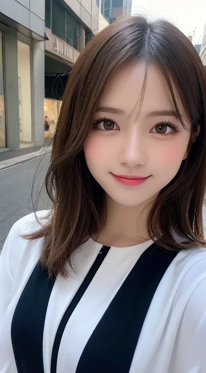 masutepiece, Best Quality, Illustration, Ultra-detailed, finely detail, hight resolution, 8K Wallpaper, Perfect dynamic composition, Beautiful detailed eyes, doress,Medium Hair, Natural Color Lip, Random and sexy poses,Smile,Aoyama Street Walk、20 years girl
