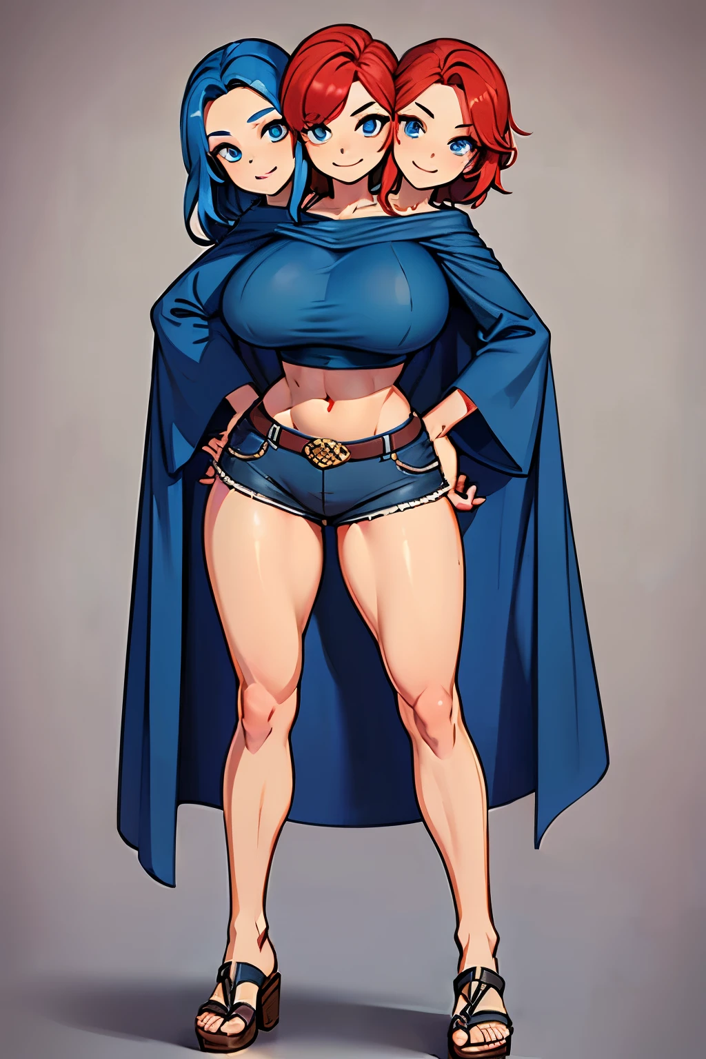 best quality, (masterpiece),(ultra-detailed), (high quality), (high resolution), (2heads:1.5), ((red hair)), ((blue hair)), large breasts, shorts , full body,best quality:1.5, highres, UHD, 4K), medieval outfit, smiling, (crop top), wearing sandals, medieval castle background, ((full body)), ((seductive pose)), detailed eyes, (mature woman), exposed midriff, (giant woman)