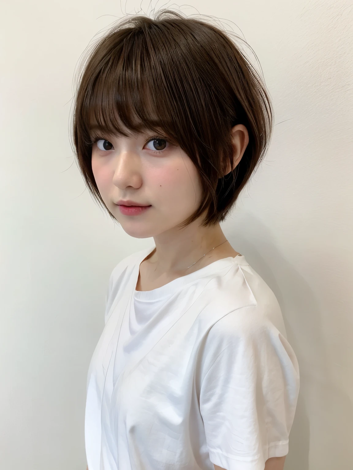 Stylish spring clothes、fluffy hair、(背景にWhite wall、The blackＴshirt:1.4)、White wall、In front of a white door、(窓のあるWhite wallの部屋)、((highest quality、8k、masterpiece:1.3))、Ultra-high resolution、(photoGenuineistic:1.4)、RAW Photos、Japanese,(Detailed aspect)、Genuine、Photographed in natural light、Highly detailed face and skin texture、Highly detailed lips、The correct state of the human body、Short Hair、Brown Hair、さまざまA pose、short hair、Shortcuts、Natural color lip、Pixie Cut、非常にShort Hair、profile、Look to the side、Mr.々A pose