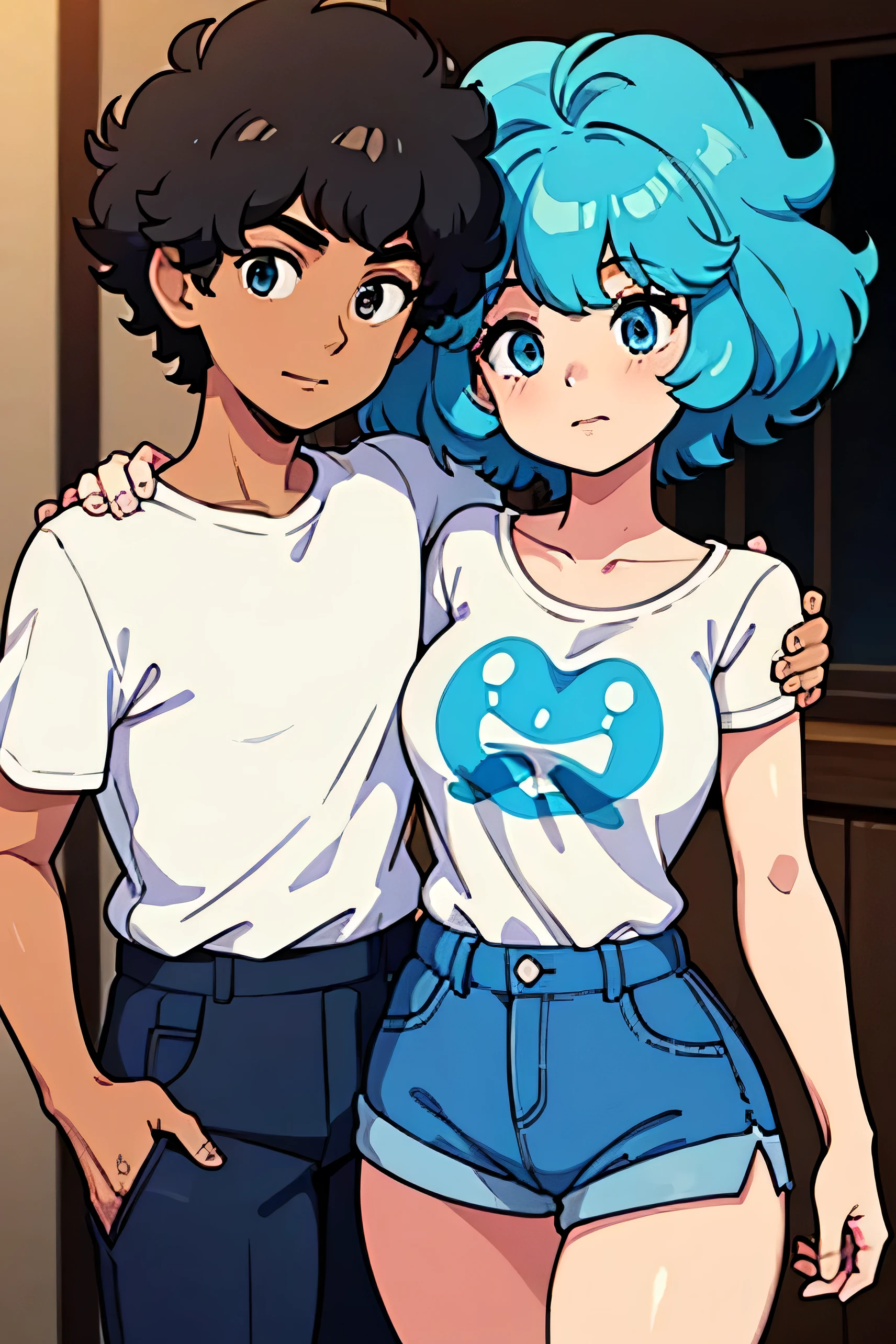 girl with short curly hair and white tshirt and blue shorts have arm around a boy with afro