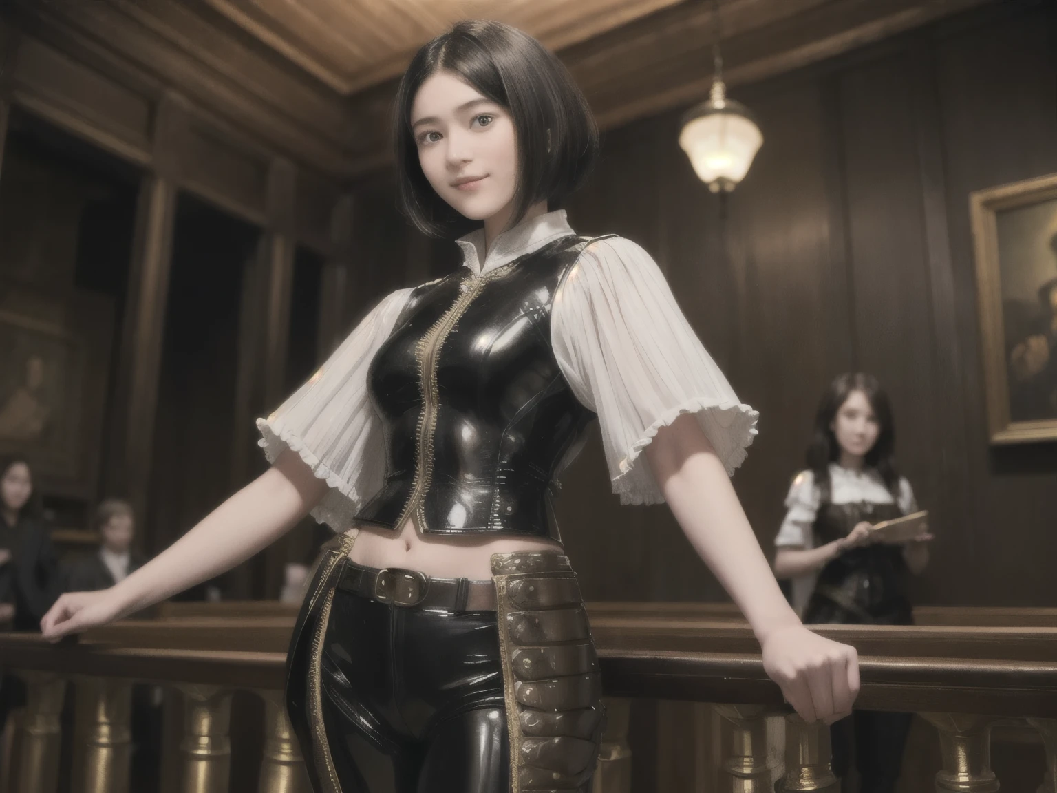 222 Short Hair, 20-year-old woman, A kind smile, (Luxurious stables), (Rembrandt-style painting), (Mechanical Suit, Clothes that show abs、Clothes with short sleeves)