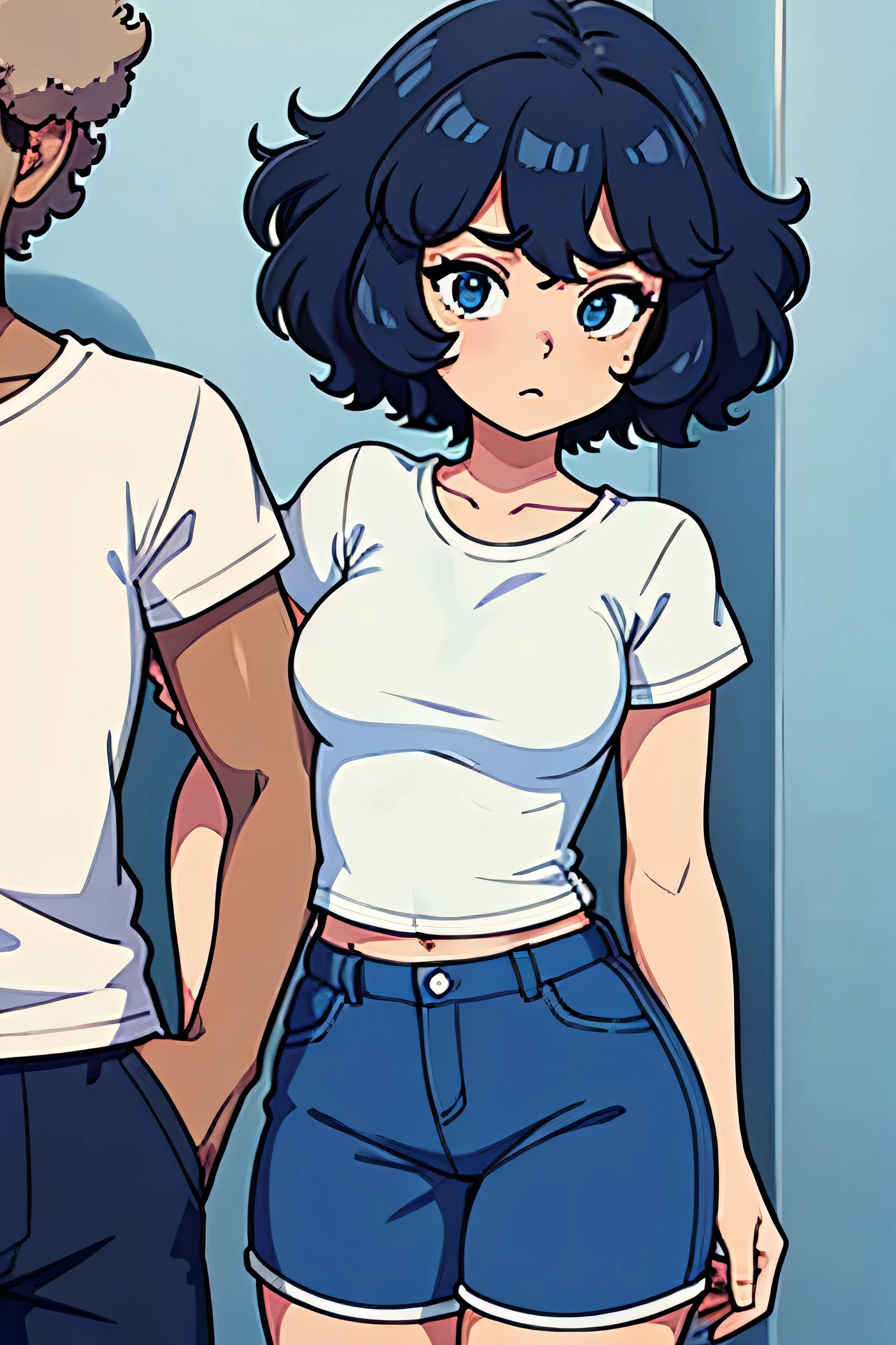 girl with short curly hair and white tshirt and blue shorts have arm around a boy with afro