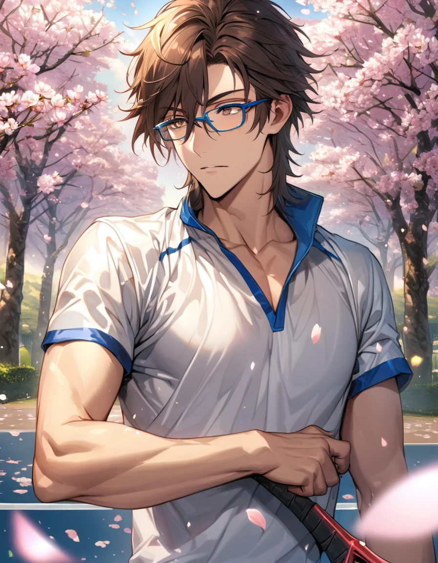 Ultra detailed, Highres, absurdres, HDR, Tezuka Kunimitsu, dark brown hair with bangs, hair between the eyes, expressive brown eyes, glasses, white tennis uniform with blue patterns, Prince Of Tennis, cherry blossoms, petals, extremely handsome, sexy man, solo, very detailed eyes and face, spring, butterflies, blossoms, white tight T-shirt