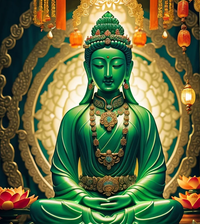 quan yin statue made of jade and jewery with many hands,super detailed, close eyes, detailed hands, detailed face, beatyfull face,shinning crystal clear jade statue, holding a light made of jewery( detailed light), , floating red lotus, chinese haven back ground, haven light, 8k, ultra HD,