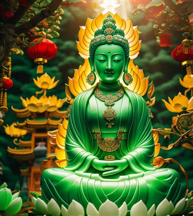 quan yin statue made of jade and jewery with many hands,super detailed, close eyes, detailed hands, detailed face, beatyfull face,shinning crystal clear jade statue, holding a light made of jewery( detailed light), , floating red lotus, chinese haven back ground, haven light, 8k, ultra HD,