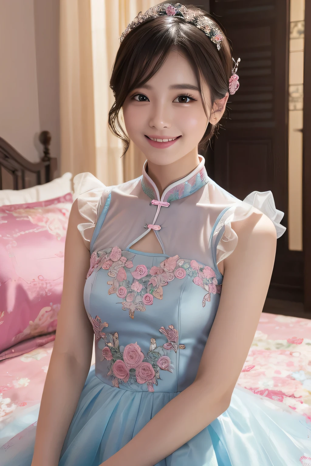 (highest quality,masterpiece:1.3,Ultra-high resolution),(Very detailed、Caustics) ,(Photorealistic:1.4, RAW shooting),Ultra-Realistic Capture、Very detailed、masterpiece、(short hair)、(Tutu、Pink and light blue satin embroidered sleeveless Chinese dress:1.1)、Bedroom、,Frank,Sophisticated,、Lean、Thin arms、1 girl、Adorable expression、smile、Watching the audience、10th Generation、No makeup、Idol's face、Professional Lighting, Film Grain, chromatic aberration, (Eye and facial details:1.0), (Bokeh:1.1) ,(flat chest:1.3),((Flat Chest, Flat stomach, Baby Face))、Photographing the upper body、Arms at your sides、