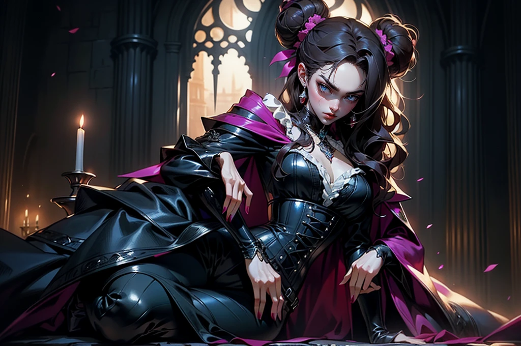 (masterpiece, top quality, best quality, official art, beautiful and aesthetic: 1.2), (1 woman: 1.3), long curly dark brown hair, ((fancy bun)), Victorian style, Victorian classic, extremely detailed, portrait, looking at the viewer, solo, (full body: 0.6), detailed background, close-up, mischievous eyes, magenta eyes (cold midnight castle theme: 1.1), vampire, long fangs, blood on chin, huge lips, charlatan, mischievous smile, mysterious, being seductive on the balcony, revealing gothic dress, extremely tight bodice, black costume, magenta skirts, off-the-shoulder, long sleeves, loose sleeves, black leather , cape, corset, black dress, fishnets, black high boots, buckles, straps, bags, glowing blood magic energy, dark magenta fabric, silver trim, black leather, extremely slim, slim waist, slim hips, medieval background (gothic castle exterior: 1.1), nocturnal, dark and mysterious lighting, shadows, magical atmosphere, laying on the ground. Very sexy, with chin resting on shoulder, abigail larson art style