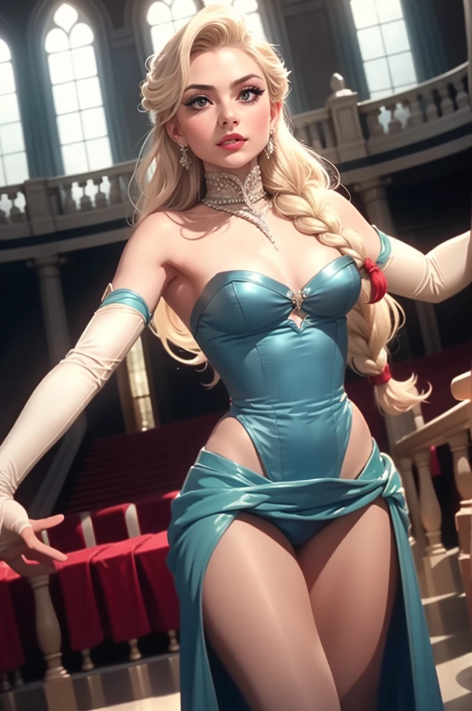 cinematic film still 1girl, solo, photogenic beautiful adult woman, elsa \(frozen\), platinum blonde braid, high detail, high quality, best quality, rim lighting, standing, dr3ss, ((blue dress)), elbow gloves, blonde hair, long hair, jewelry, earrings, makeup, eyeliner, eyeshadow full body, outstretched arms, dark pantyhose, grand hall . shallow depth of field, vignette, highly detailed, high budget, bokeh, cinemascope, moody, epic, gorgeous, film grain, grainy