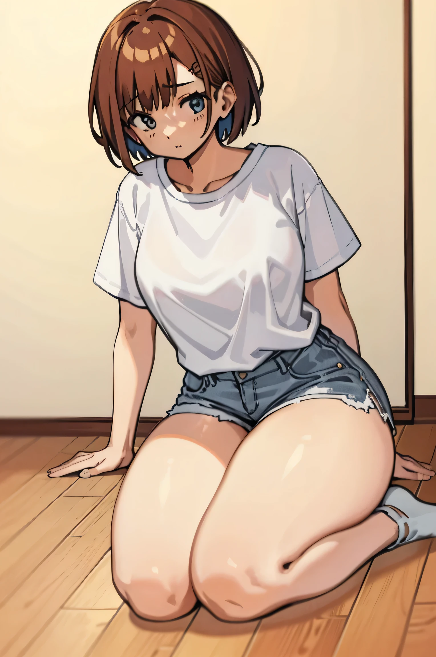 Short-haired girl on her back sitting on the floor wearing a white T-shirt and jean shorts, (((thick thighs))), wariza