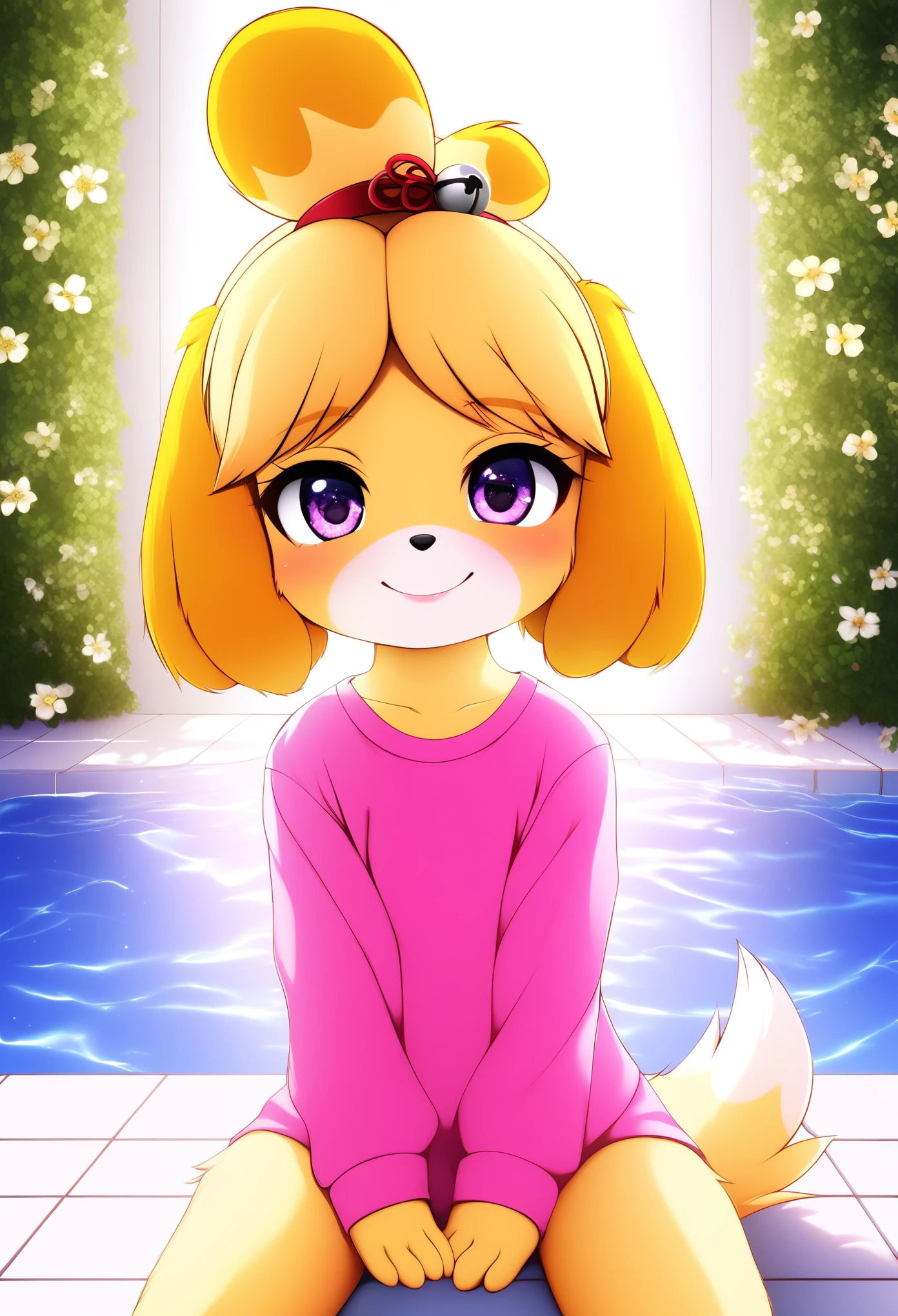 uploaded on e621, ((by Pino Daeni, by Ruan Jia, by Fumiko, by Levelviolet, by Supplesee)), kemono, dagasi, solo female isabelle \(animal crossing\) in animal form with tiny and short body with yellow fur (wearing pink shirt:1.4)  with leaf patterns and (no pants:1.4) and white belly and top knot and (bells:1.2), ((feral)), ((flat chest)), (detailed fluffy fur), (half-lengthportrait, front view, looking at viewer), BREAK, (sitting in hotel swimming pool bench with plant and flower), (detailed background, depth of field, half body shadow, sunlight, ambient light on the body), (intricate:1), (high detail:1.3), (unreal engine:1.2), (soft focus:1.15), [explicit content, questionable content], (masterpiece, best quality, 4k, 2k, shaded, absurd res)
 