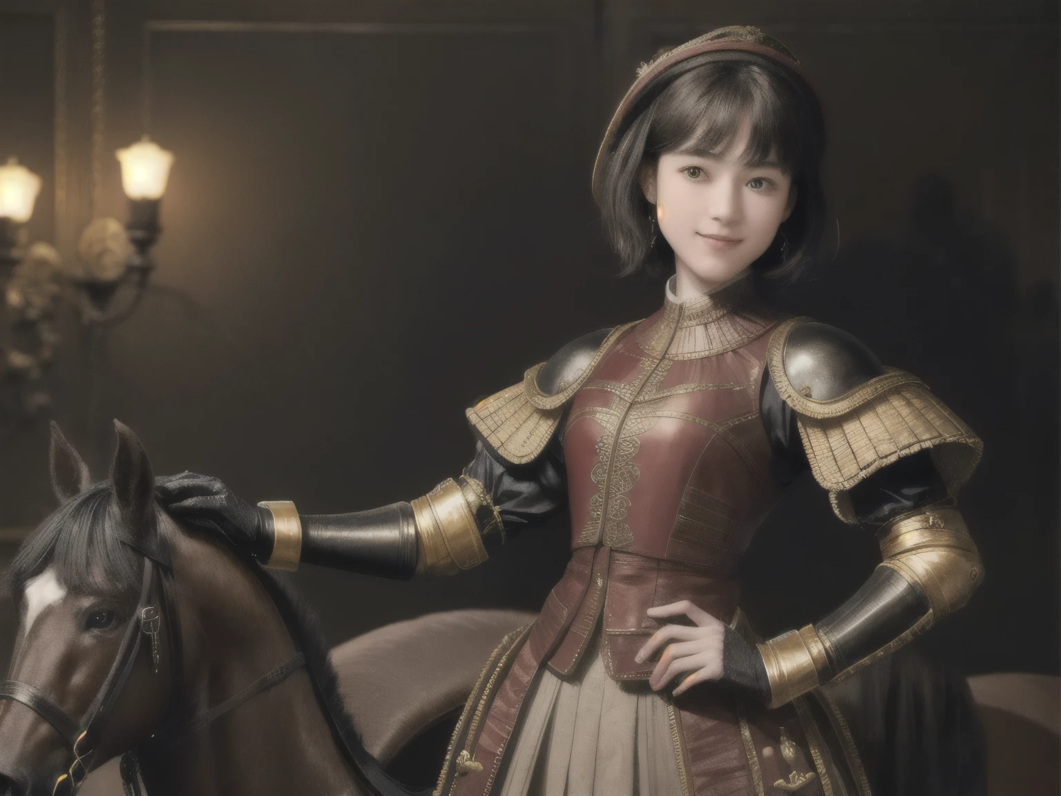 222 Short Hair, 20-year-old woman, A kind smile, (Luxurious stables), (Rembrandt-style painting), (Mechanical Suit, Clothes that show abs、Clothes with short sleeves)