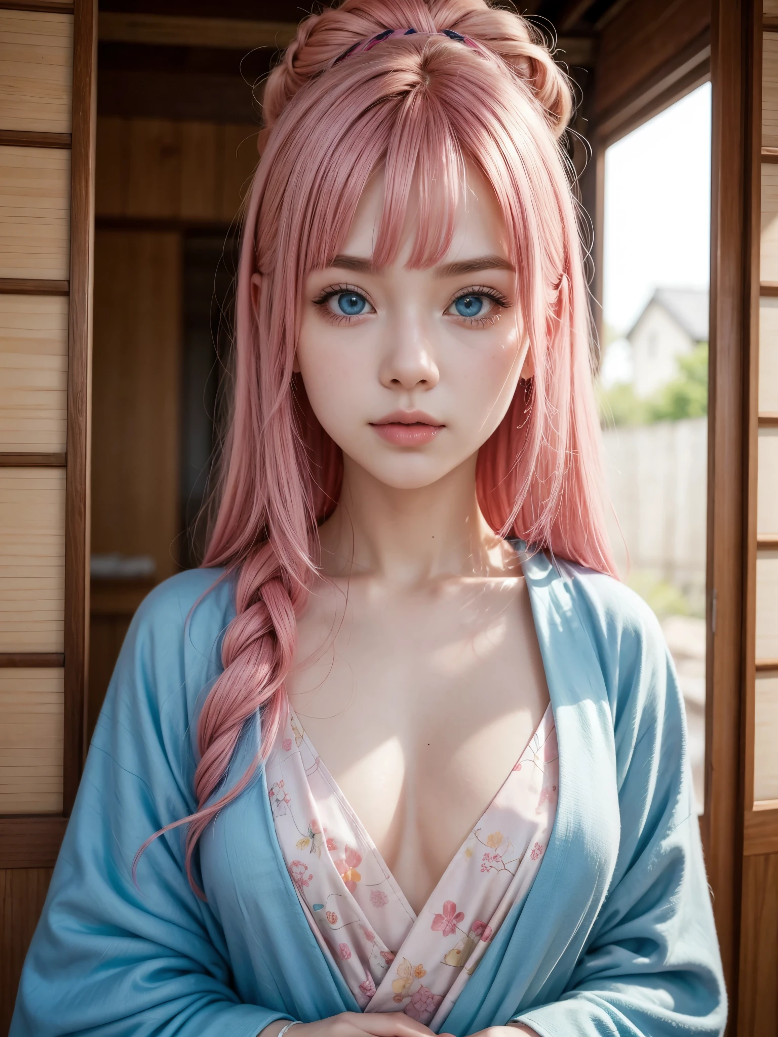 Hot girl, pink hair, blue eyes , kimono