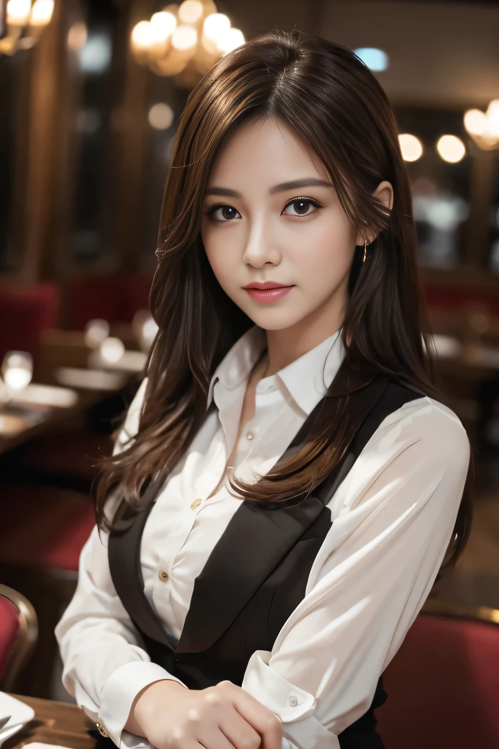 masterpiece, highest quality, Realistic, Very detailed, Finer details, High resolution, 8k wallpaper, One beautiful woman, Wear casual business attire, In a great restaurant, At night, Light brown messy hair, Perfect dynamic composition, Beautiful and beautiful eyes