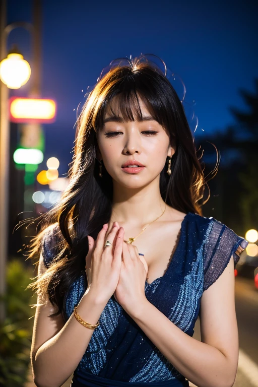 (masterpiece, highest quality, highest quality, Official Art, beautifully、beautiful:1.2), (One Girl), Very detailed, (Fractal Art:1.3), colorful, Most detailed, Perfect Face, Upper Body, High resolution,Navy blue simple dress,Close ~ eyes,(Put your hands together in front of your chest,pray:1.3), ( Golden line:1.2), Meteors, (Streaks of Light), Impressive visuals, (Dynamic Stripes, Light trail:1.2), Vibrant colors,