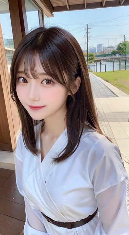 table top, highest quality, shape, Super detailed, finely, High resolution, 16k, perfect dynamic composition, straight hair, medium hair, brown hair,natural color lip, smile, 20 year old girl、cute、beautiful、Perfect and beautiful face, beautiful and detailed face, slim face and body, Elegant face, KPOP idol face、Japanese idol faces、small face、Big eyes, brown eyes, droopy eyes, Dense and beautiful eyes, girl, no bangs, near the river、yukata、
