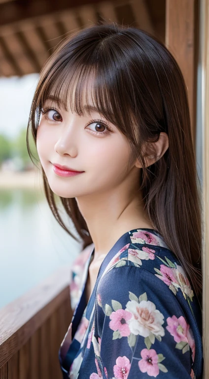table top, highest quality, shape, Super detailed, finely, High resolution, 16k, perfect dynamic composition, straight hair, medium hair, brown hair,natural color lip, smile, 20 year old girl、cute、beautiful、Perfect and beautiful face, beautiful and detailed face, slim face and body, Elegant face, KPOP idol face、Japanese idol faces、small face、Big eyes, brown eyes, droopy eyes, Dense and beautiful eyes, girl, no bangs, near the river、yukata、